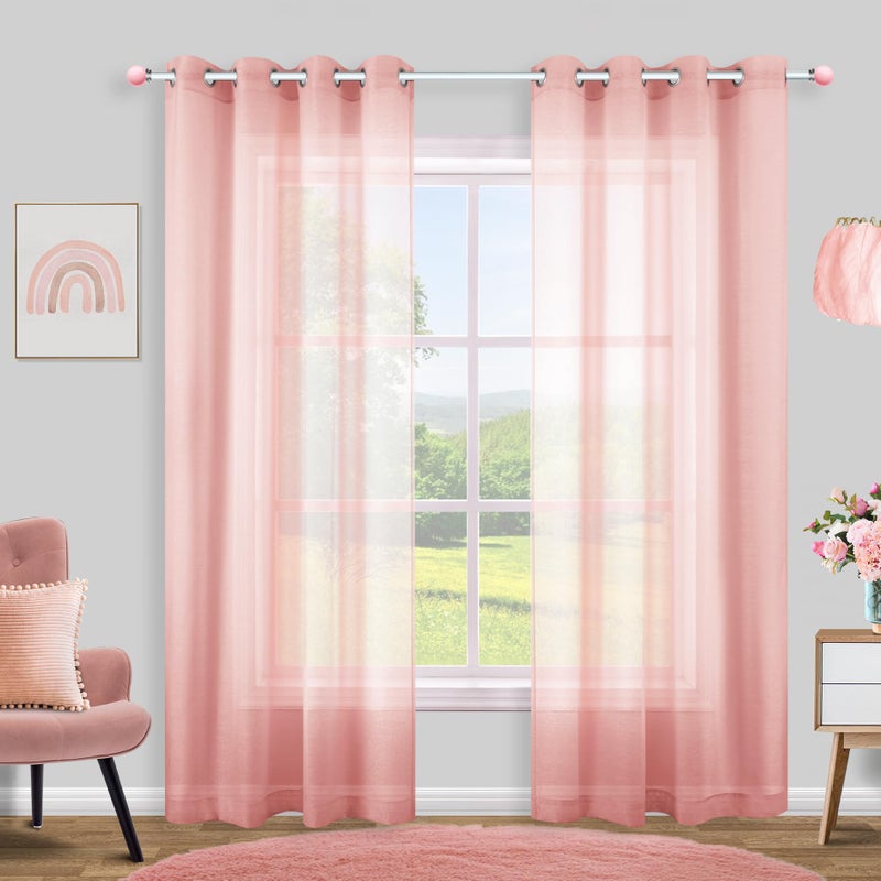 KOUFALL Sheer Pink Curtains 2 Panels 84 Inches Long Grommet Window Voile Drape Transparent Faux Linen Semi Sheer Curtain for Bedroom Girls Room Decor Living Room Wide 52 Length Nickel Soft Light Blush Pink - Image 1